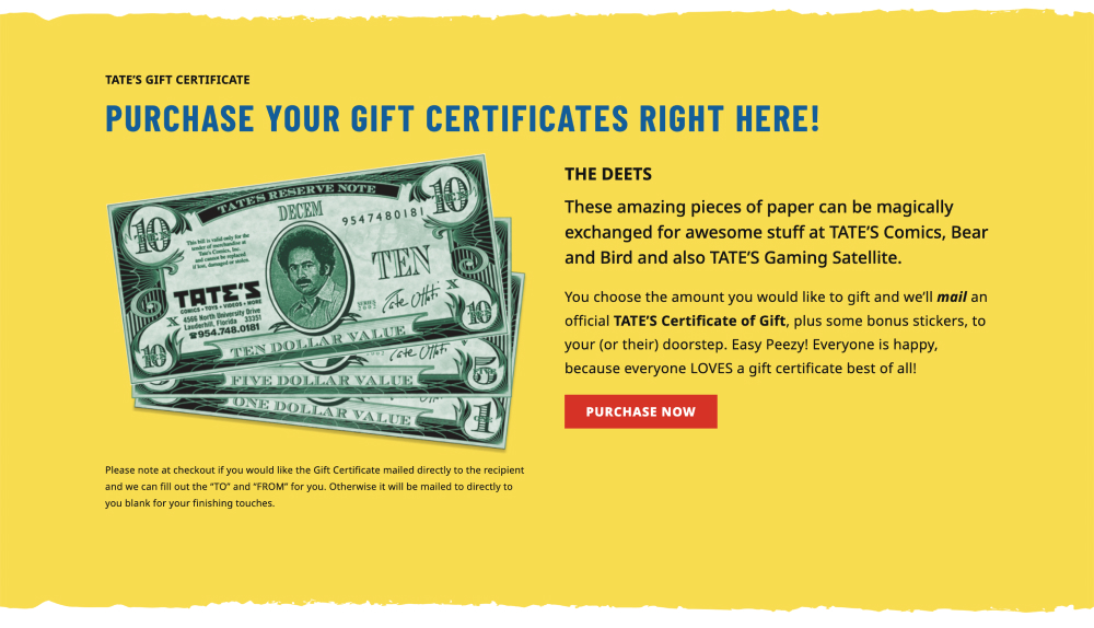TATE'S Offers Gift Certificate for Purchase